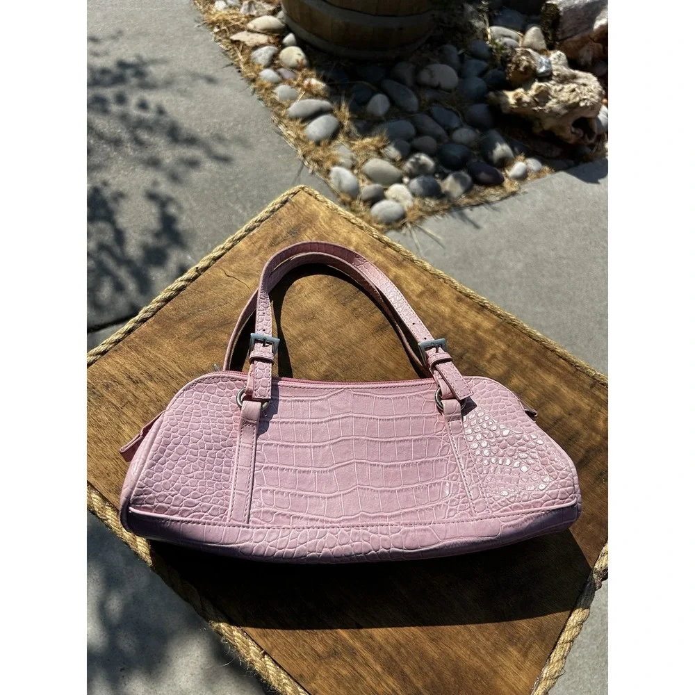 Bisou Pink Faux Croc Embossed Satchel Shoulder Handbag Purse Michele Bohbot